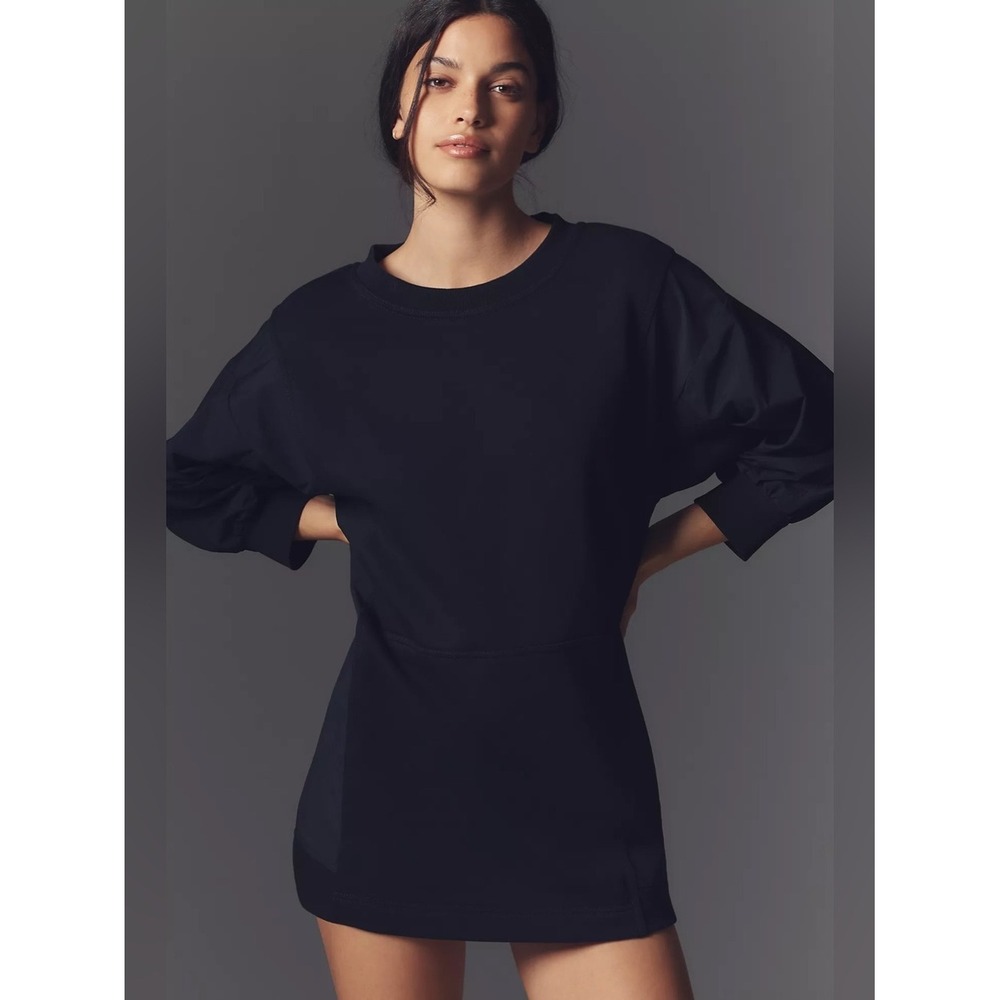 Anthropologie Daily Practice Black Ruched Sleeve Sweatshirt Mini Dress M Sporty - Picture 3 of 12